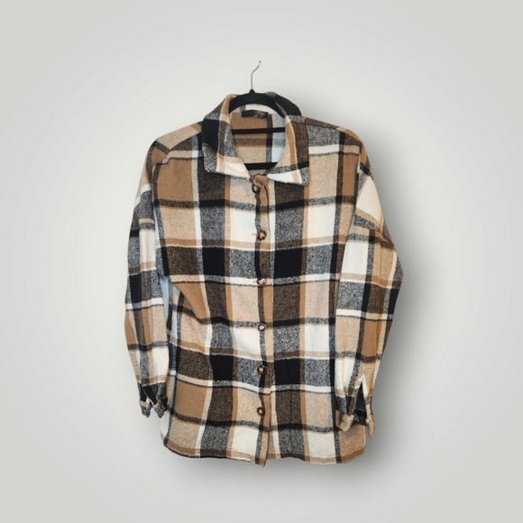 Pretty garden Plaid Flannel Shacket Women Large Brown Button Up Oversize… - Picture 4 of 15